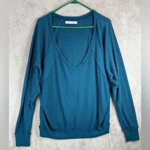 WE THE FREE Aqua Thermal Shirt Large Top Long Sleeve Oversized Slouchy Raw Hem